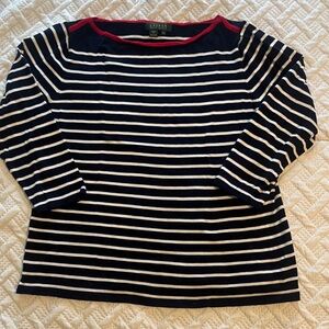Ralph Lauren Navy and White Stripes Boat Neck 100% Cotton 3/4 Sleeve Sweater XL